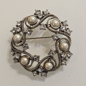 Vintage Monet Brooch Pin Round Wave Open Swirl Faux Pearl Rhinestone Gold Tone